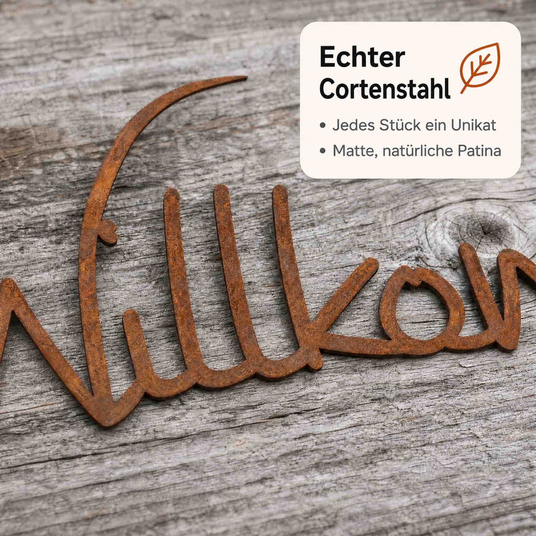 Echter Cortenstahl – der Willkommen Schriftzug wird fertig im Edelrost-Look geliefert.