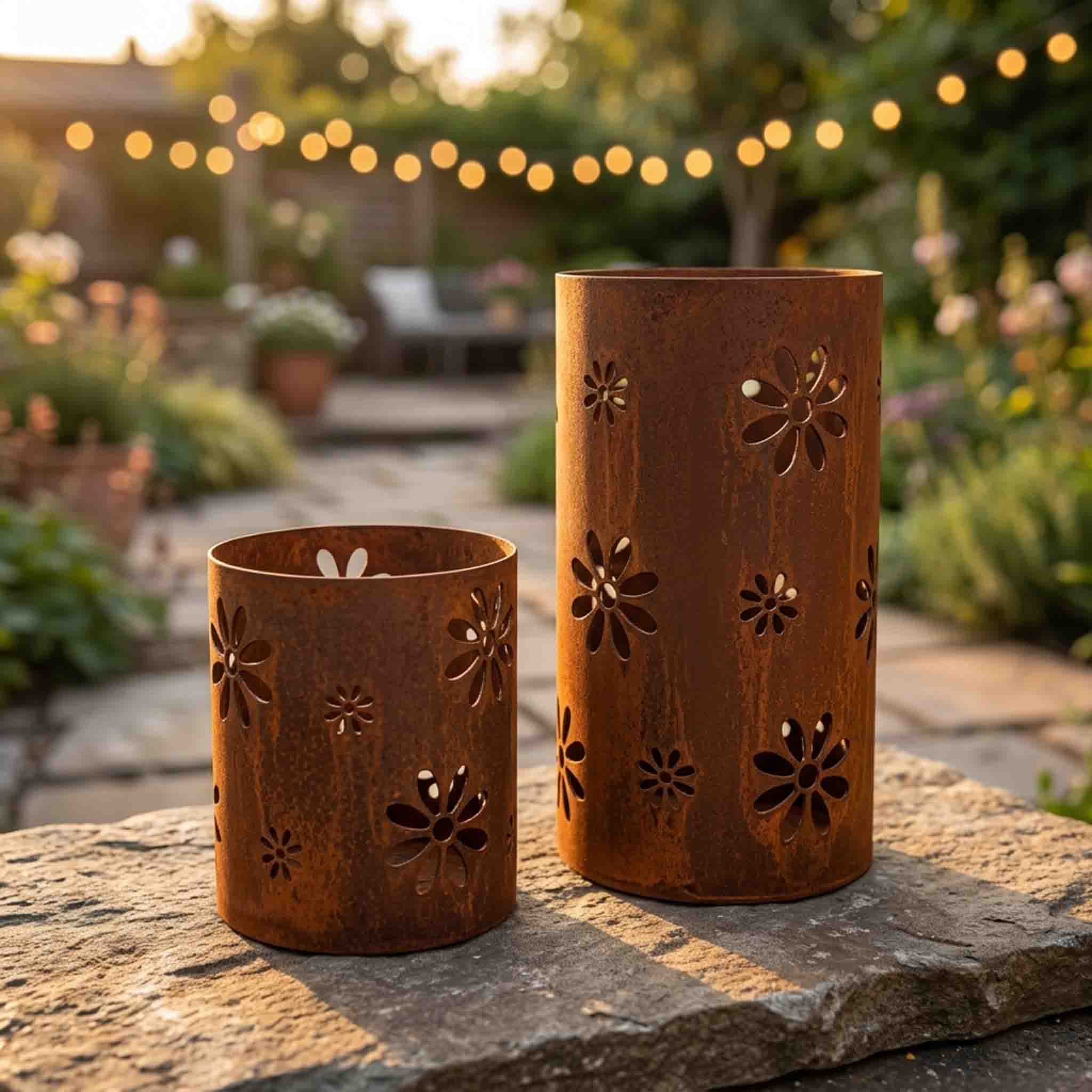 Edelrost Windlicht aus Cortenstahl mit Blumenmotiv bei abendlicher Lichterketten-Stimmung