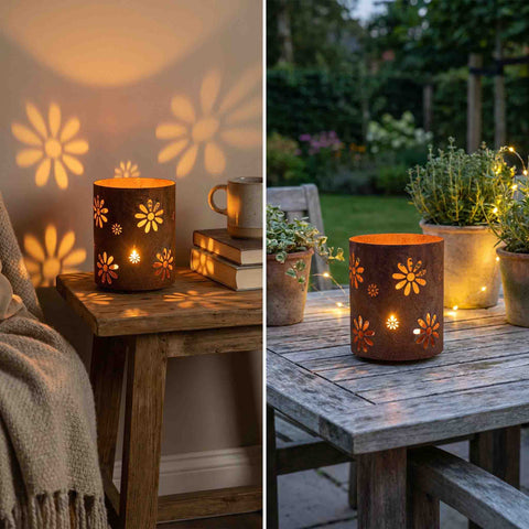 Rostiges Metall Windlicht mit brennender Kerze als Gartendeko auf der Terrasse
