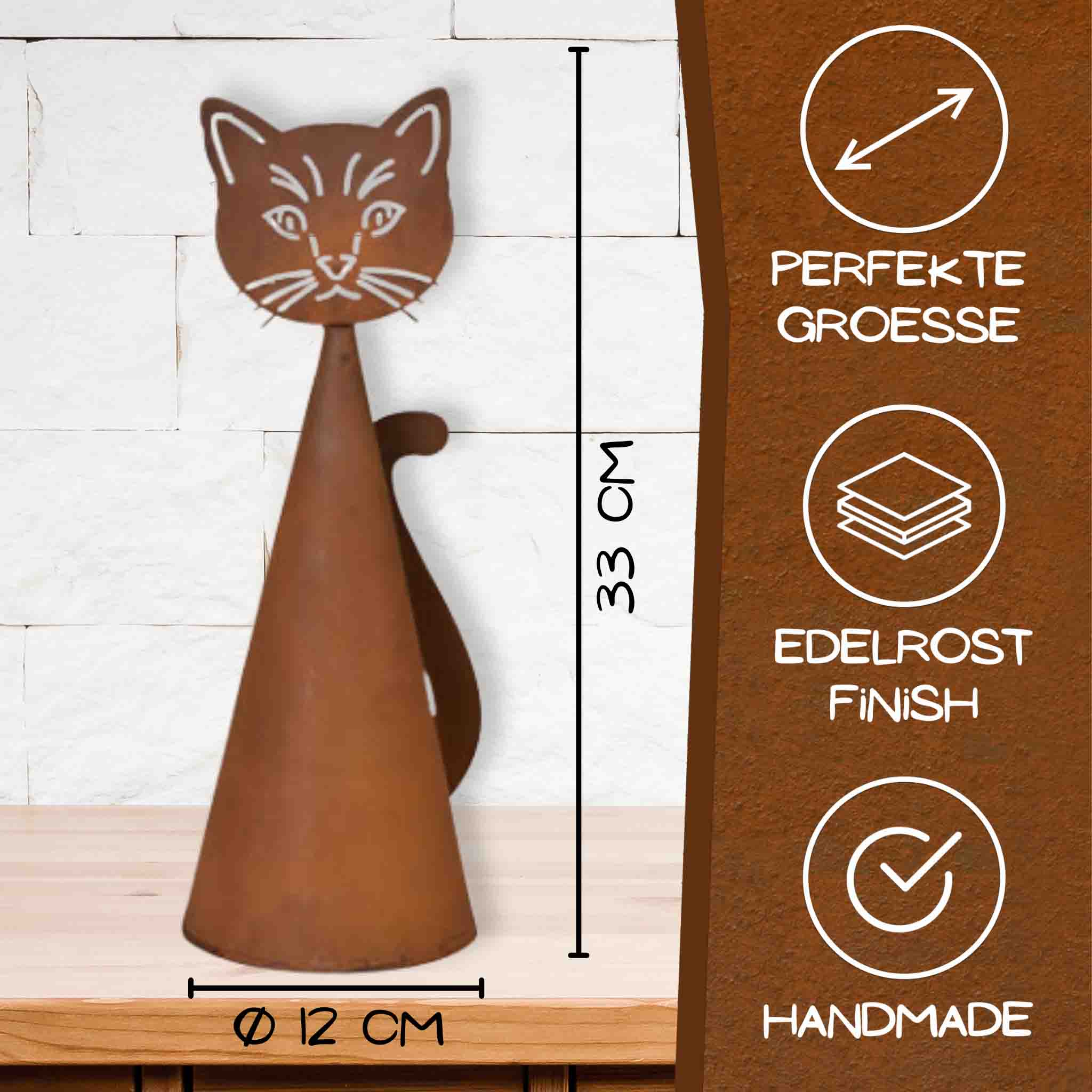 Edelrost Zaunhocker in Katzenform, 33 cm hoch und 12 cm Durchmesser, handgefertigt mit edelrost Finish, dekorativ für Garten oder Zaun