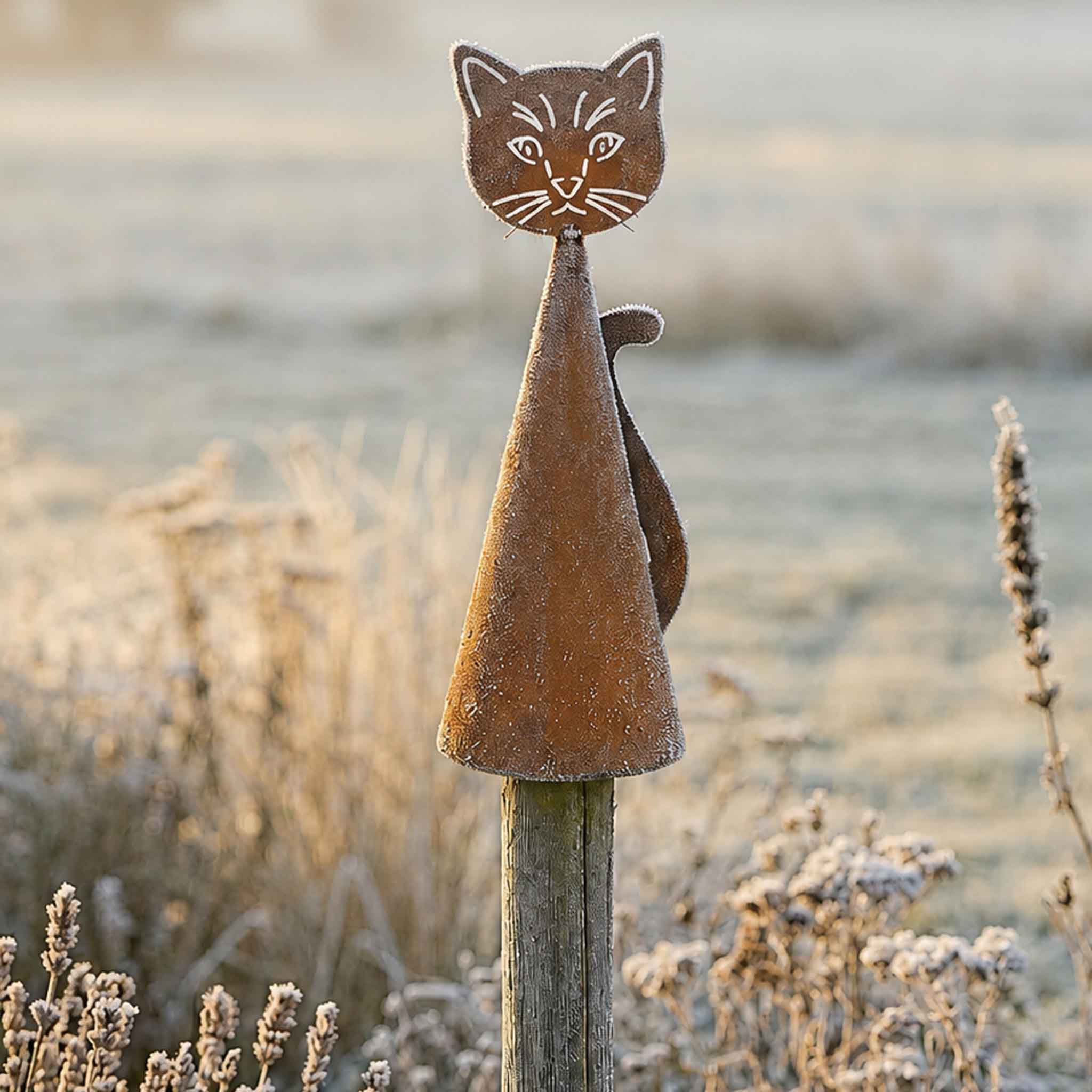 Pfostenhocker Katze für den Zaunpfosten – Rost Katze mit gelasertem Gesicht, 33 cm hoch.