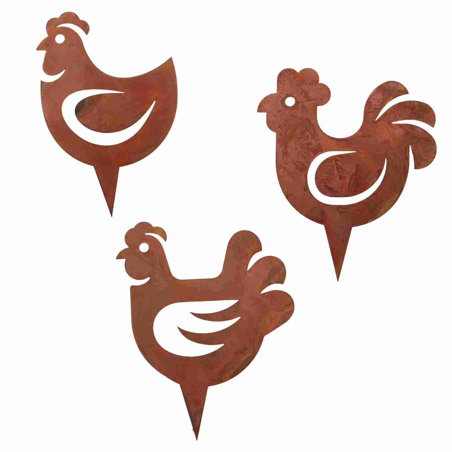 Dekorative Tiere: Huhn und Hahn aus Metall mit Rostfinish für die Gartendekoration in Ostern und Frühling
