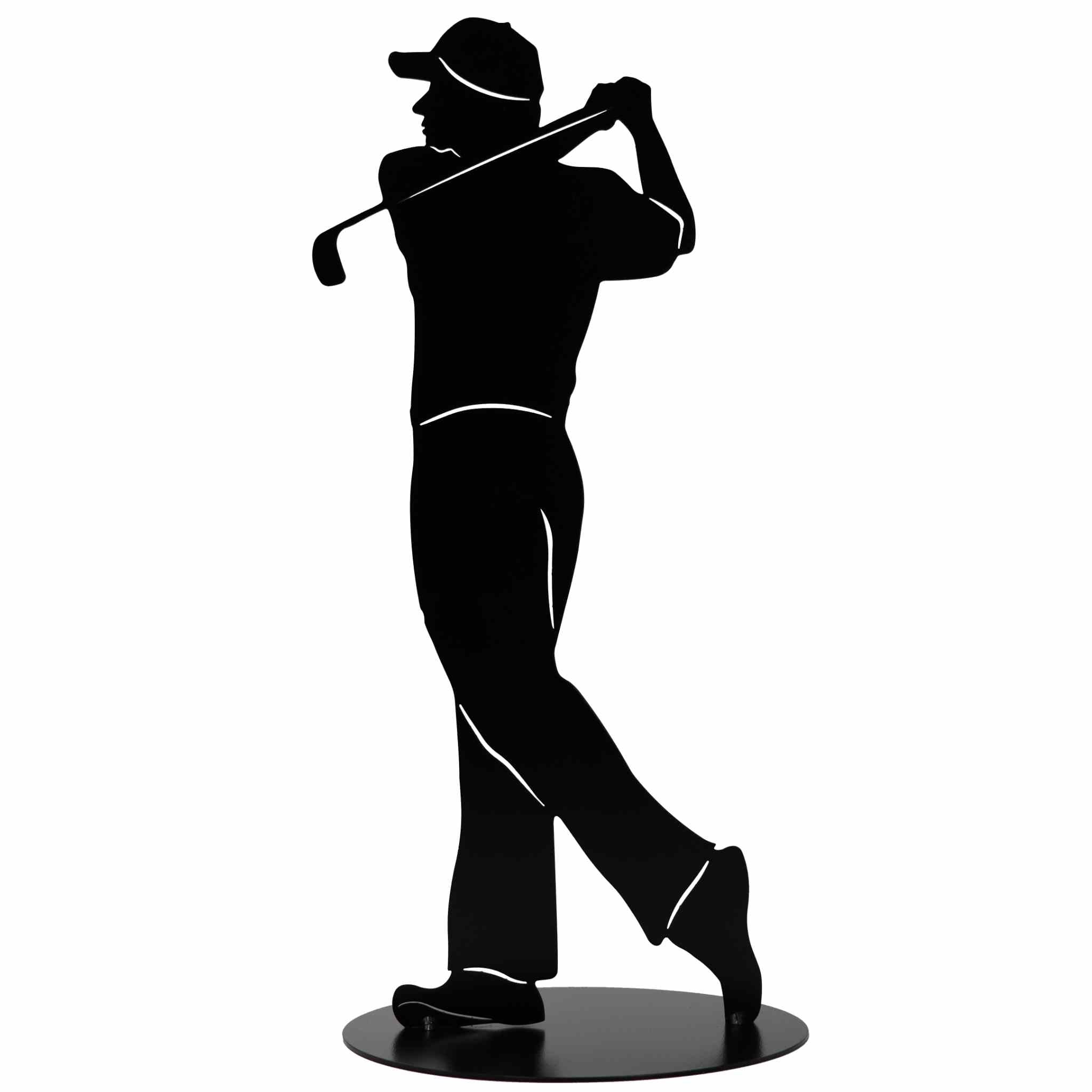 Handgefertigter schwarz pulverbeschichteter Golfer aus Metall als Gartendeko und außergewöhnliche Geschenkidee für Golfspieler
