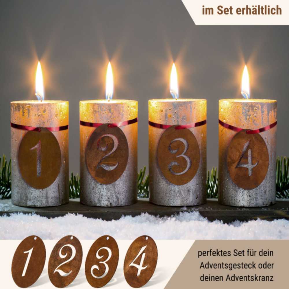 Edelrost Adventsdeko Zahlen zum Hängen, handgefertigt aus Metall und mit natürlicher Patina, perfekte Geschenkidee für Ihre Lieben