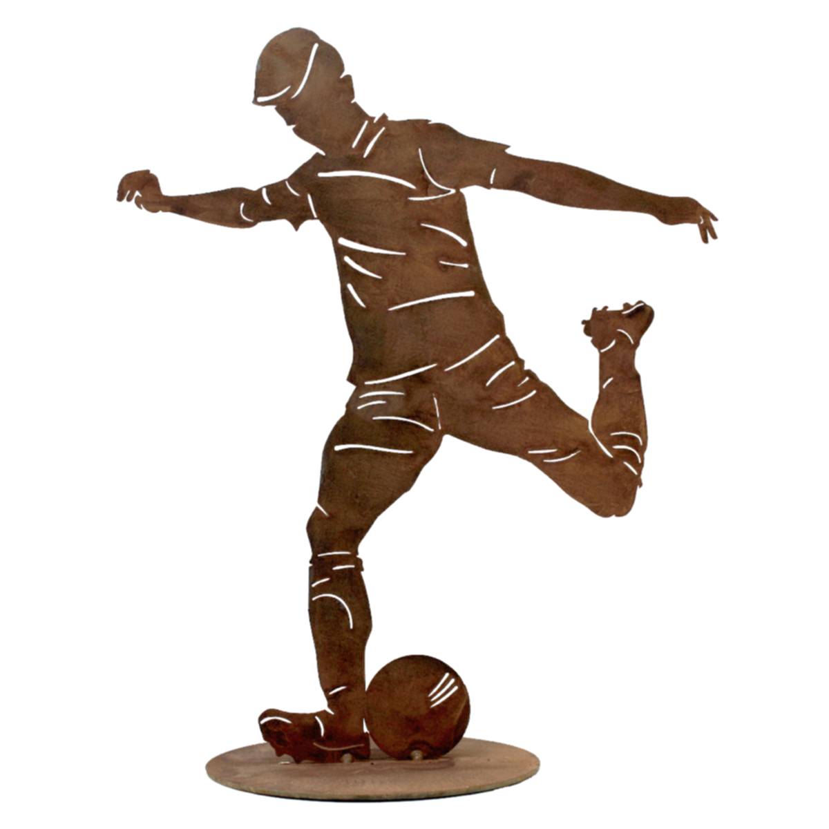 Rostiger Fußballer Metallfigur, dekorative Silhouette, Gartendeko für Fußballfans, sportliche Dekoration
