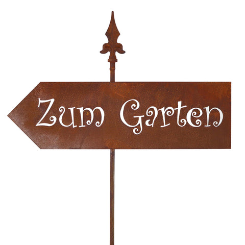 Deko-Gartenstecker 'Zum Garten', rostiges Metallschild, 170 cm hoch, Pfeil weist in die Gartenoase, ideal für Gartenliebhaber