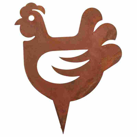Dekoratives Huhn und Hahn aus Metall mit Rostfinish für die Gartendekoration in Ostern und Frühling