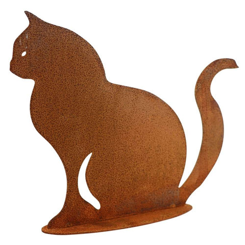 Handgefertigte Metall Katze als einzigartige Deko für Haus und Garten, die mit ihrer natürlichen Patina jeden Raum verschönert.