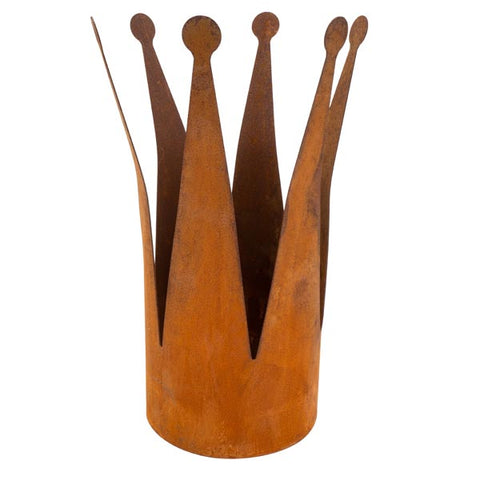 Rustikale Krone aus handgefertigtem rostigem Metall: Eine vielseitige Dekofigur mit biegsamen Zacken für Haus und Garten im rustikalen Stil.
