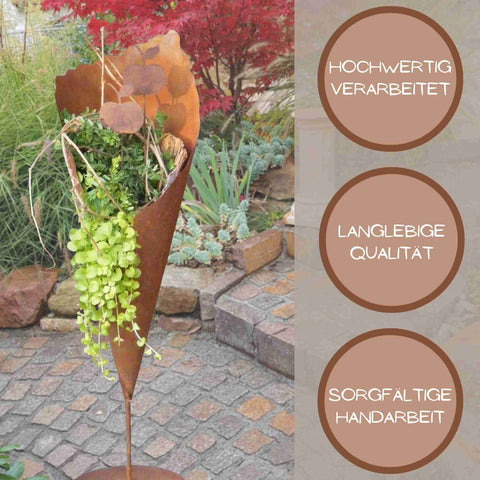Einzigartige Metall Pflanztüte in Edelrost als rustikale Dekoration für den Außenbereich und perfekte Pflanz Deko für Haus und Garten. 