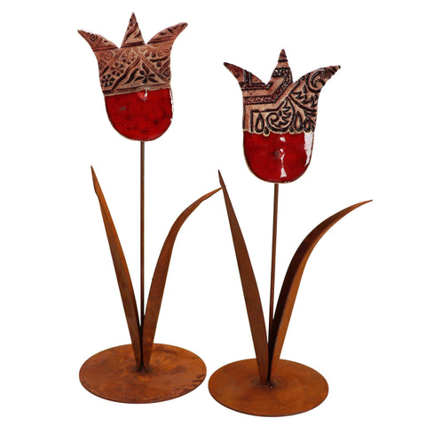 Garden decoration rust tulip with flower made of clay | table decoration flower