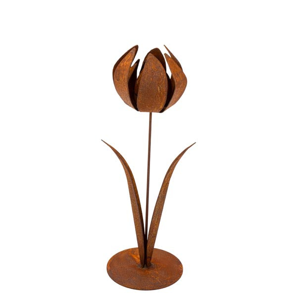 Handgefertigte Metall Tulpe als wetterfeste Dekoration für den Außenbereich, perfekt für die Frühlingsdeko im Garten oder auf Terrasse.