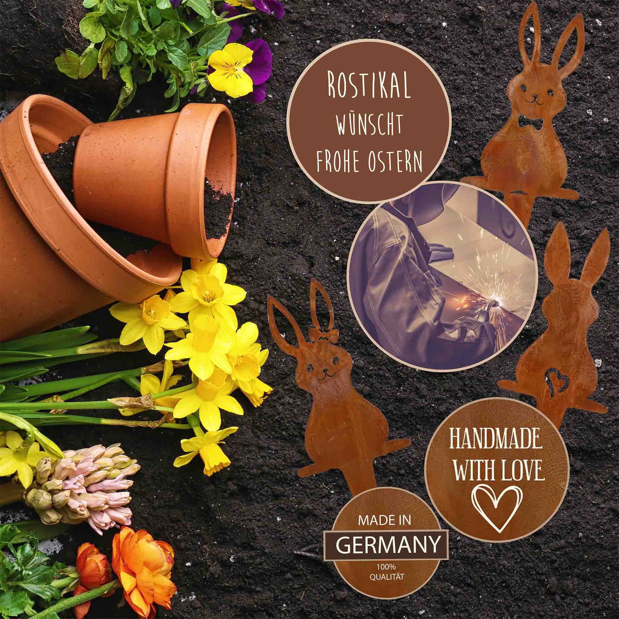 Rostige Metall-Hasen im Set, ideal als fröhliche Oster- und Frühlingsgarten-Dekoration