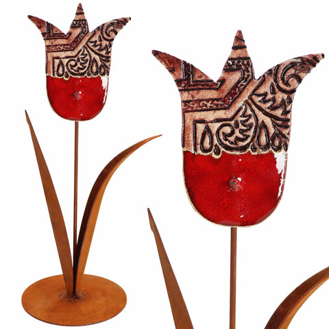 Garden decoration rust tulip with flower made of clay | table decoration flower