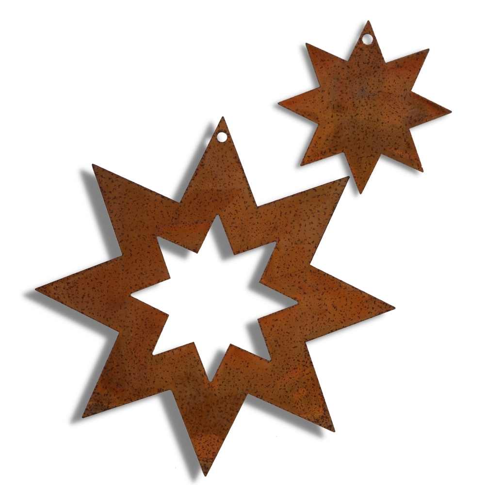 Handgefertigte Metallsterne mit Rosteffekt als rustikale Weihnachtsdekoration zum Aufhängen im Innen- oder Außenbereich
