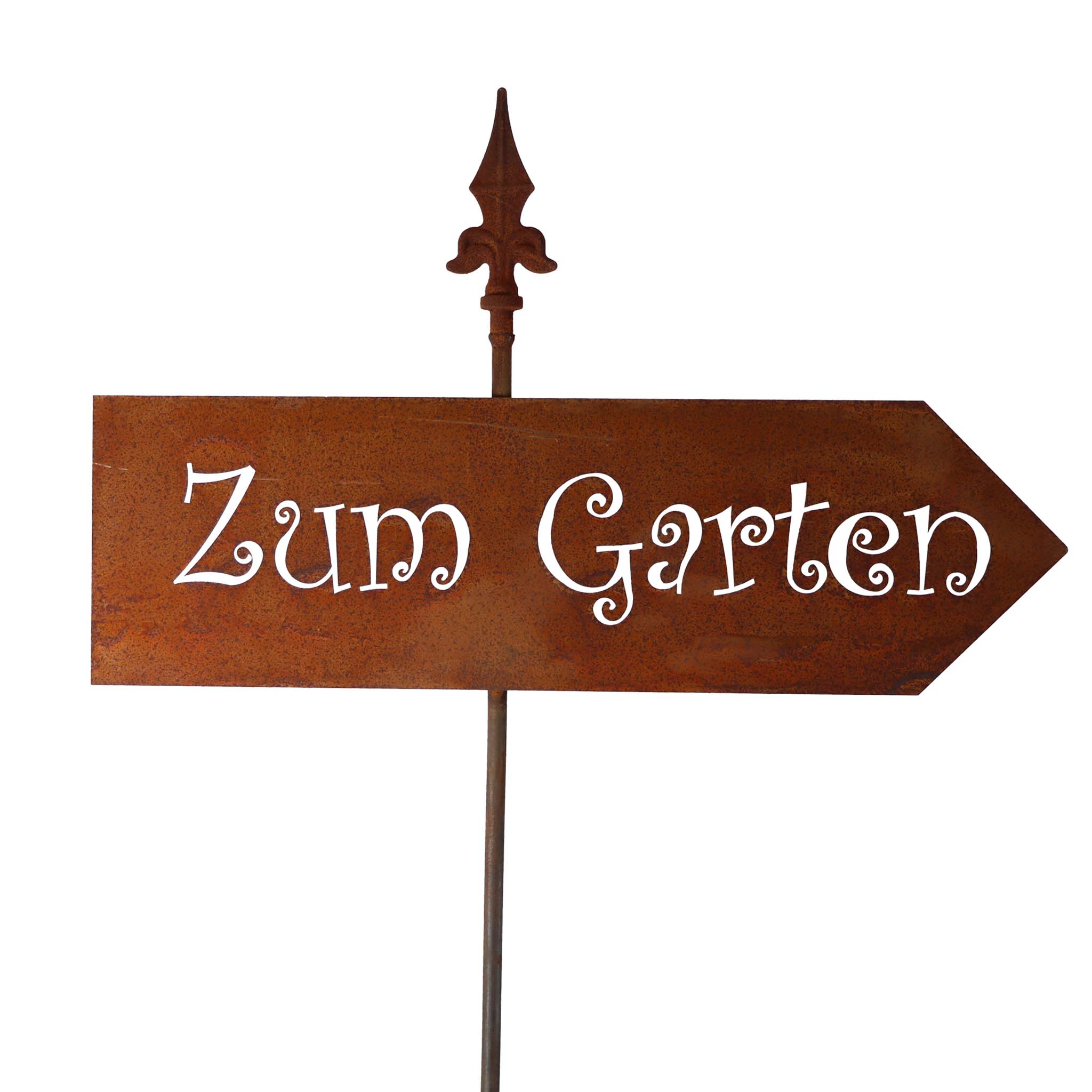 Metallischer Wegweiser 'Zum Garten' mit rostigem Finish, 170 cm Höhe, handgefertigt, zeigt den Weg in die grüne Oase