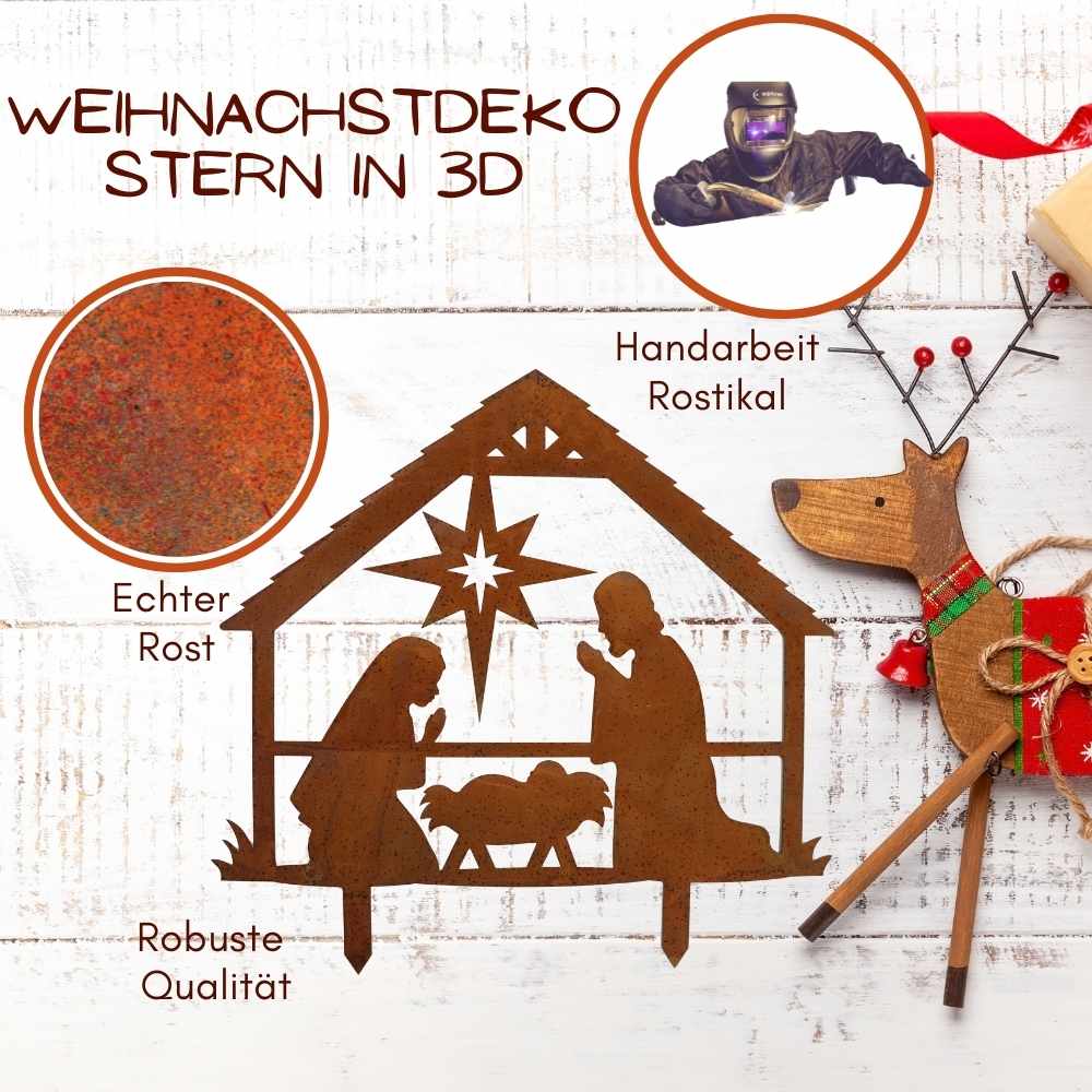 Klassische Weihnachtsdekoration mit einem Hauch von Vintage: Die handgefertigte Metall Deko Krippe mit Figuren ist eine einzigartige Ergänzung.