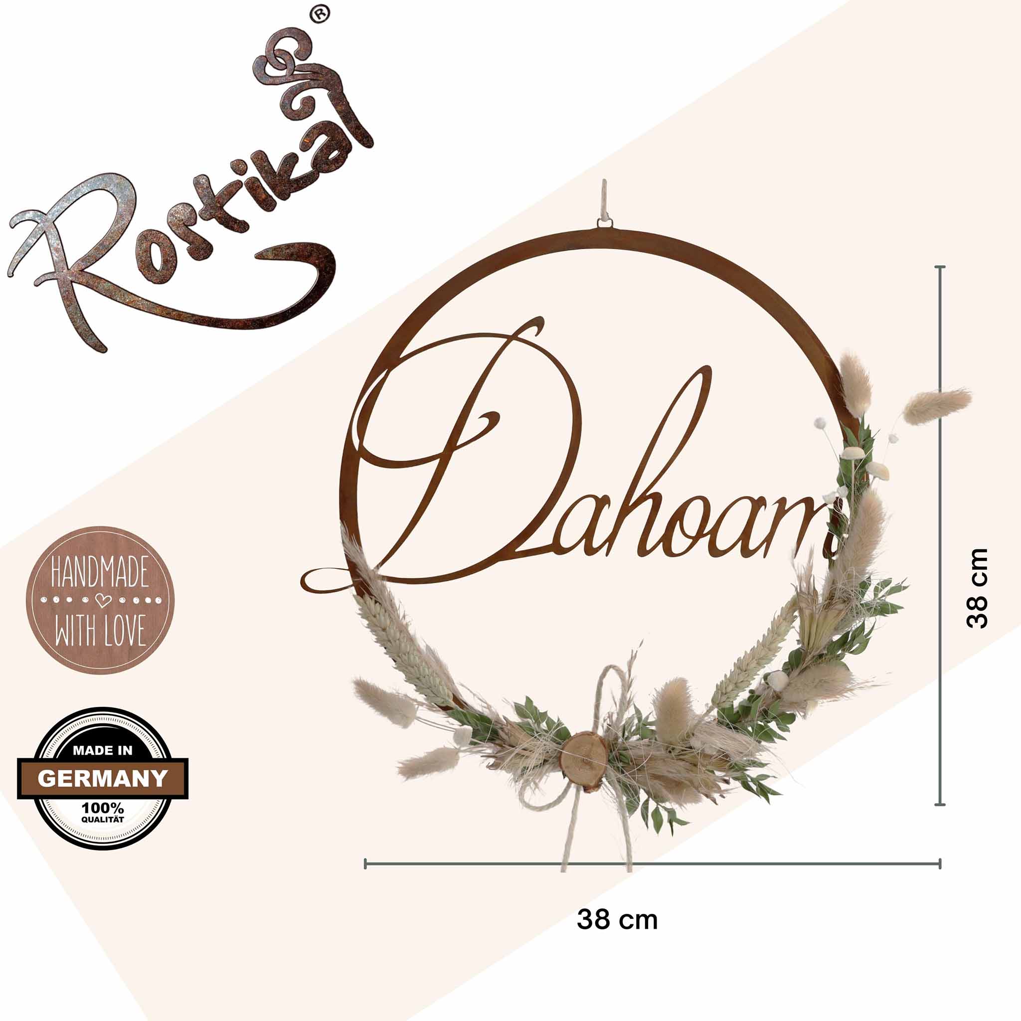 Dahoam Schriftzug für Garten und Terrasse - rostige Dekoration mit Trockenblumen-Elementen