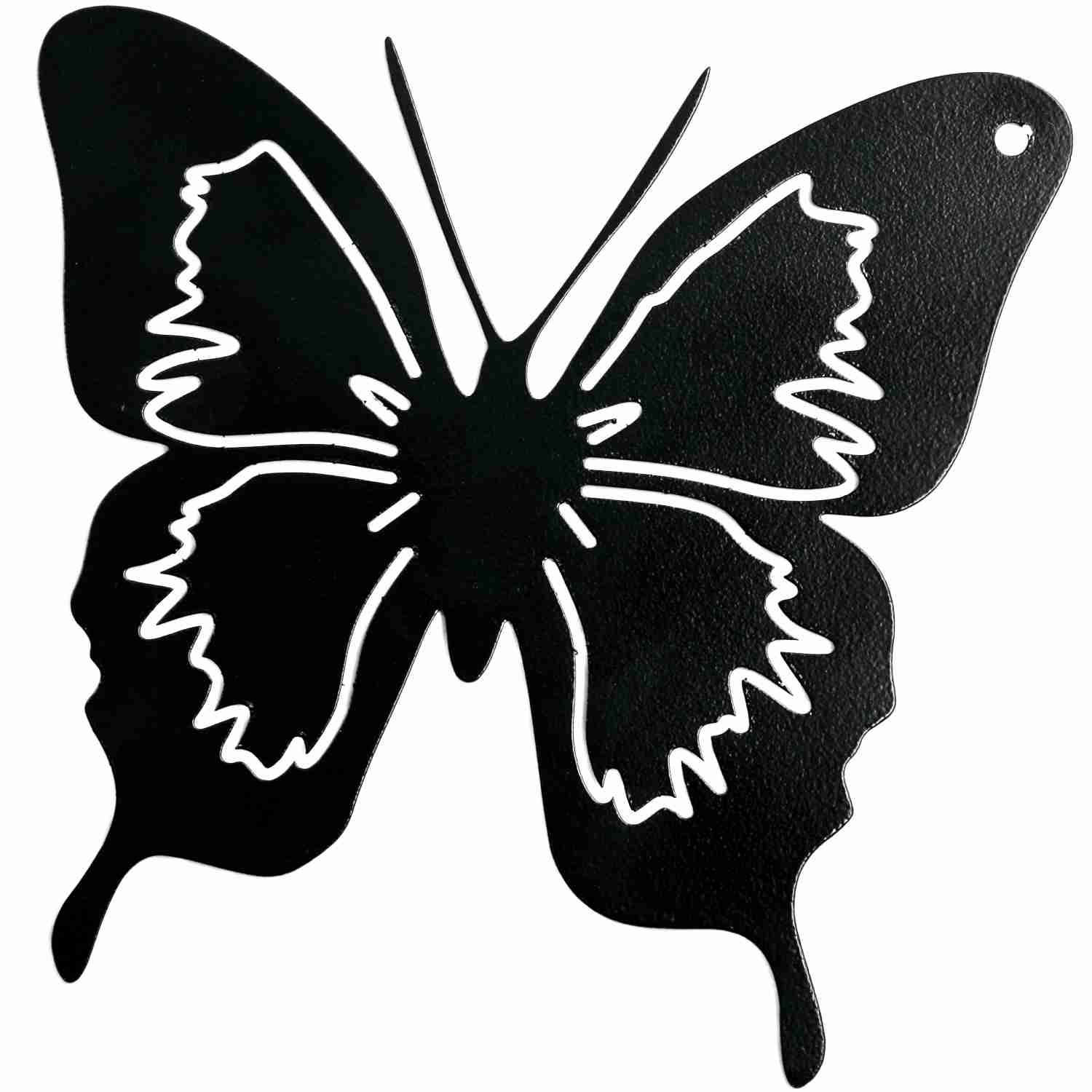 Schwarz pulverbeschichteter Metall Schmetterling als edles handgefertigtes Wohnaccessoire und wetterbeständige Gartendekoration