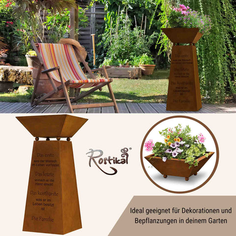 Handgefertigte Rost Optik Metallskulptur für den Außenbereich als Gartenkunstwerk mit Familienspruch und abnehmbarer Pflanzschale.