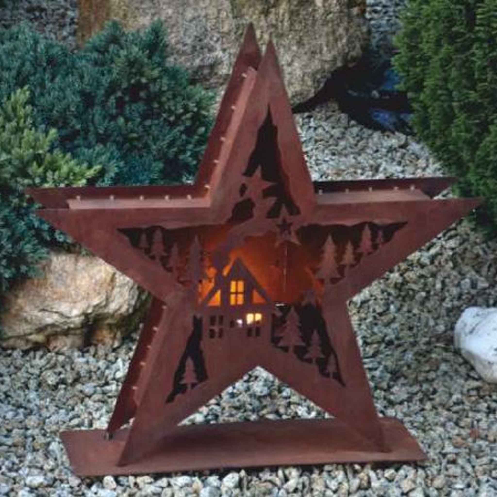Rostige Stern-Laterne mit Winterlandschaft, festliche Metall Windlicht, Weihnachtliches Leuchtobjekt
