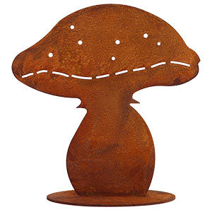Rostiger Pilz auf Bodenplatte im Edelrost Design als handgefertigte Herbst Gartendeko mit natürlicher Patina und rustikalem Charme.