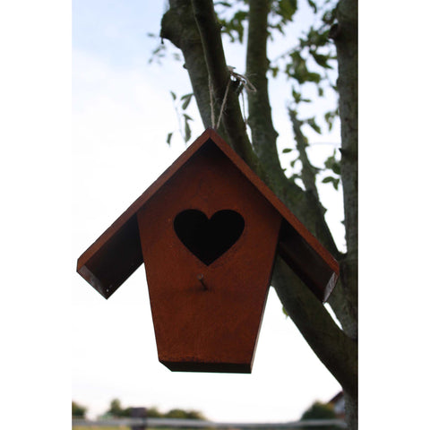 Edelrost Vogelhaus mit Herz - Deko Futterstelle für Vögel im Garten oder auf dem Balkon